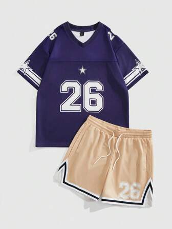Prep Conjunto de camiseta de manga corta y pantalones cortos casuales con estampado de números para hombre