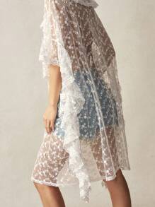 Bohemela Boho Women's Floral Sheer Mesh Batwing Sleeve Loose Top, Beach Cover Up - White - View 6