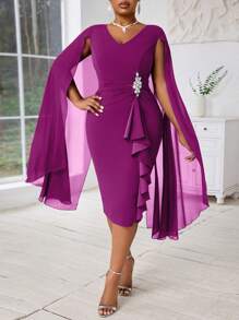 Fleurora 大码女式优雅斗篷结构蓝色透视正式晚礼服秋季女装四季蓝色连衣裙 - 紫色 - 查看 8