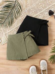 SHEIN Set de 2 shorts informales ajustados de unicolor trenzados para niñas jóvenes