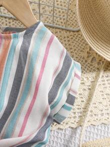 SHEIN Leap Crew Baby Girl Cute Colorful Striped Short Sleeve Top, Versatile For Summer - Multicolor - View 6
