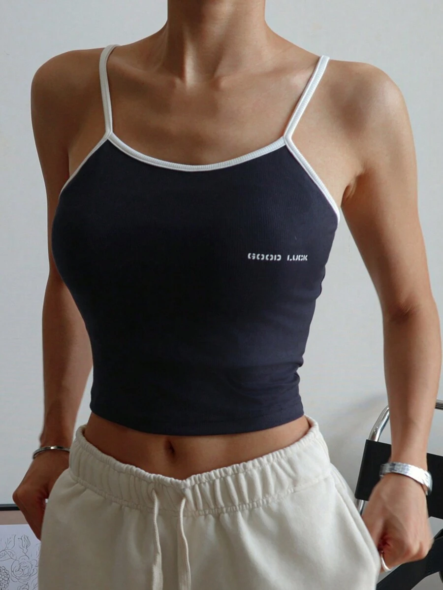 DAZY 女士撞色边饰字母印花吊带背心 - 藏蓝色 - 查看 1