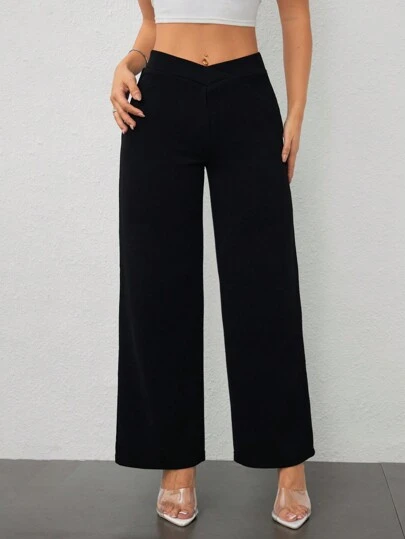 SHEIN PETITE Kadın Rahat Şık Bel Çapraz Kesim Düz Pantolon