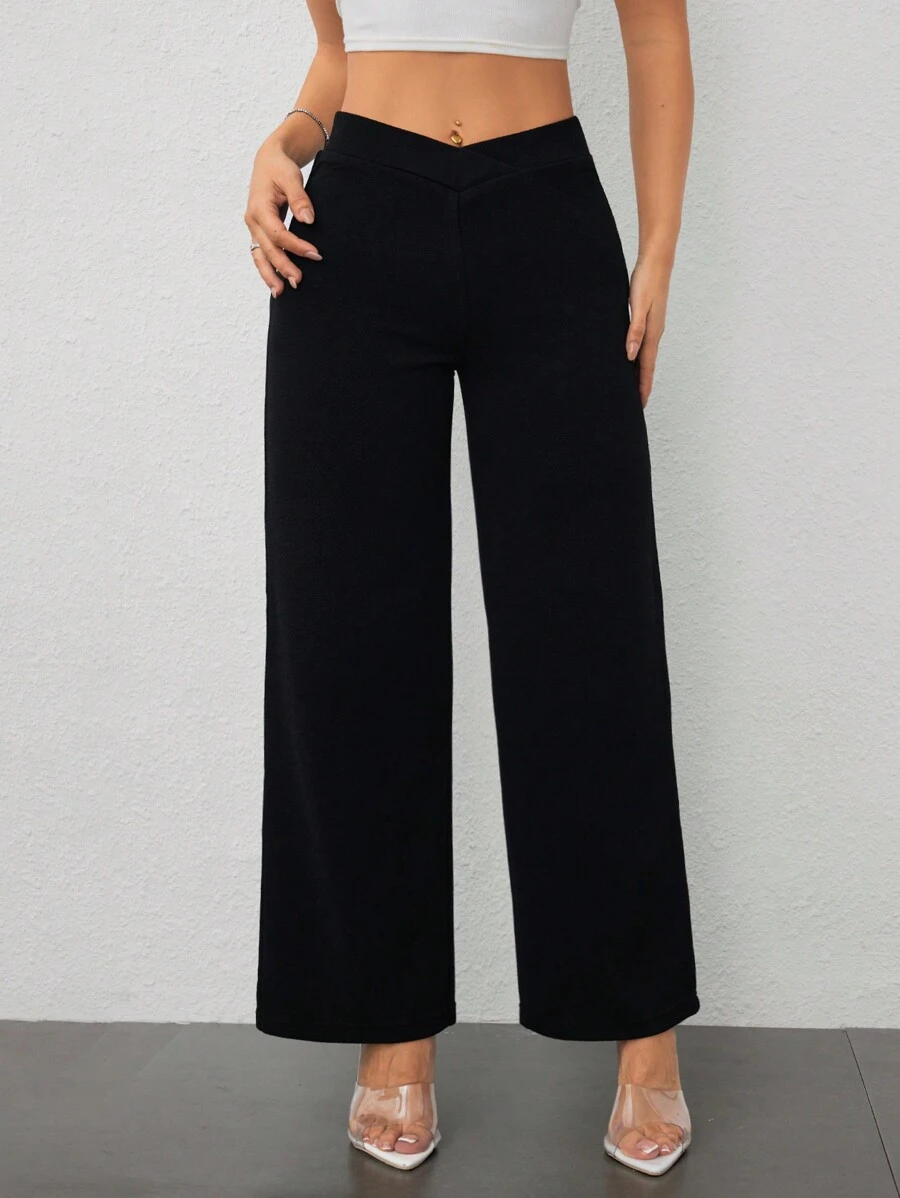 SHEIN PETITE 女士休闲优雅腰部交叉剪裁直筒裤 - 黑色 - 查看 1