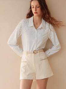 MOTF PREMIUM FAUX PEARL BEADED BUTTON UP SHIRT - White - View 10