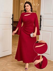 Modelyn Vestido elegante para mujer de talla grande, de unicolor, con pliegues, volantes y abertura en la manga - Burdeos - Ver 1