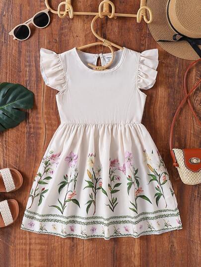 SHEIN Young Girls Casual Floral Print A-Line Dress With Cap Sleeves, Suitable For Outdoor Activities And Daily Wear, Spring And Summer