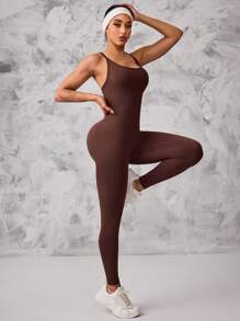 Gameset SHEIN Sport Solid Color Criss-Cross Open Back Seamless Gym Jumpsuit - Brown - View 5