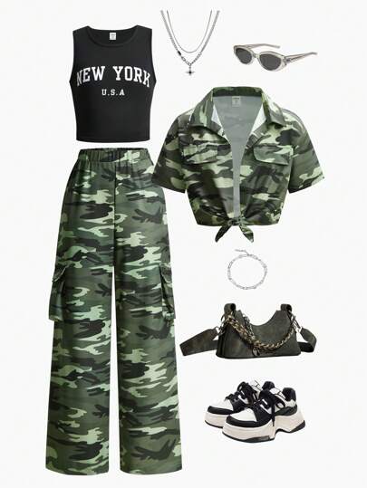 SHEIN Explorewe 3pcs/Set Teen Girl Casual Fashion: Black Fitted Letter Graphic Tank Top & Loose Camouflage Wide Leg Pants & Short Sleeve Bowknot Shirt, Spring/Summer New Arrival, Spring Break Outfit,Holiday,Summer,Travel