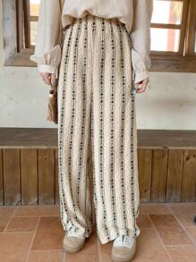 FRIFUL Damskie spodnie z szerokimi nogawkami i geometrycznym nadrukiem na co dzień na wakacje - Kolor khaki - Zobacz 5