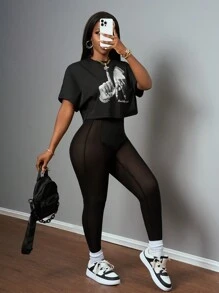 Slaydiva 大码新款春夏休闲街头性感圆领落肩短袖手指标语Logo英文印花T恤+紧身透视网眼拼接针织面料女两件套夏装女装