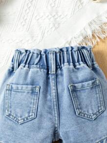 Shorts vaqueros informales de corte casual con cintura elástica y estampado floral en azul claro para bebé niña - Azul lavado medio - Ver 6