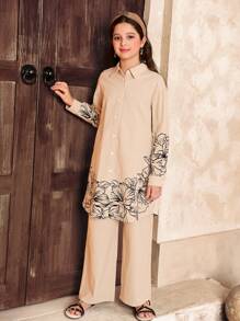 SHEIN Leap Crew 2pcs Tween Girl Loose Casual Turndown Collar Long Pattern Shirt & Pants Set - Apricot - View 3