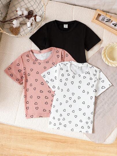3 件套年轻女孩休闲可爱心形印花百搭圆领短袖 T 恤，适合夏季