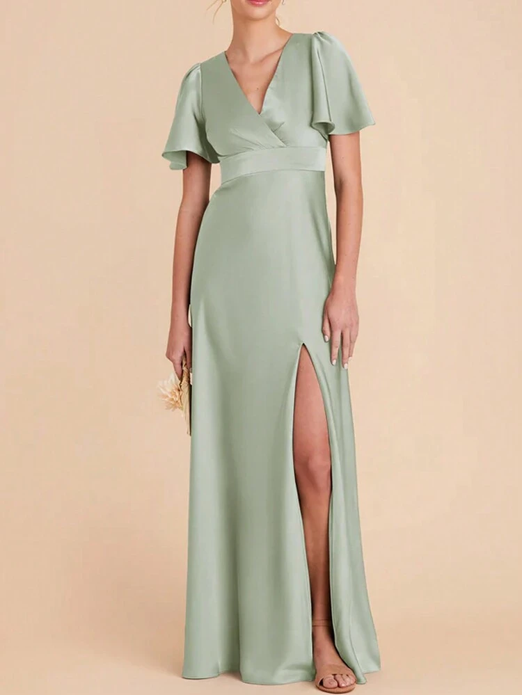 Women's Solid V-Neck Ruffle Short Sleeve Midi Dress Sundress,Formal Women Dresses