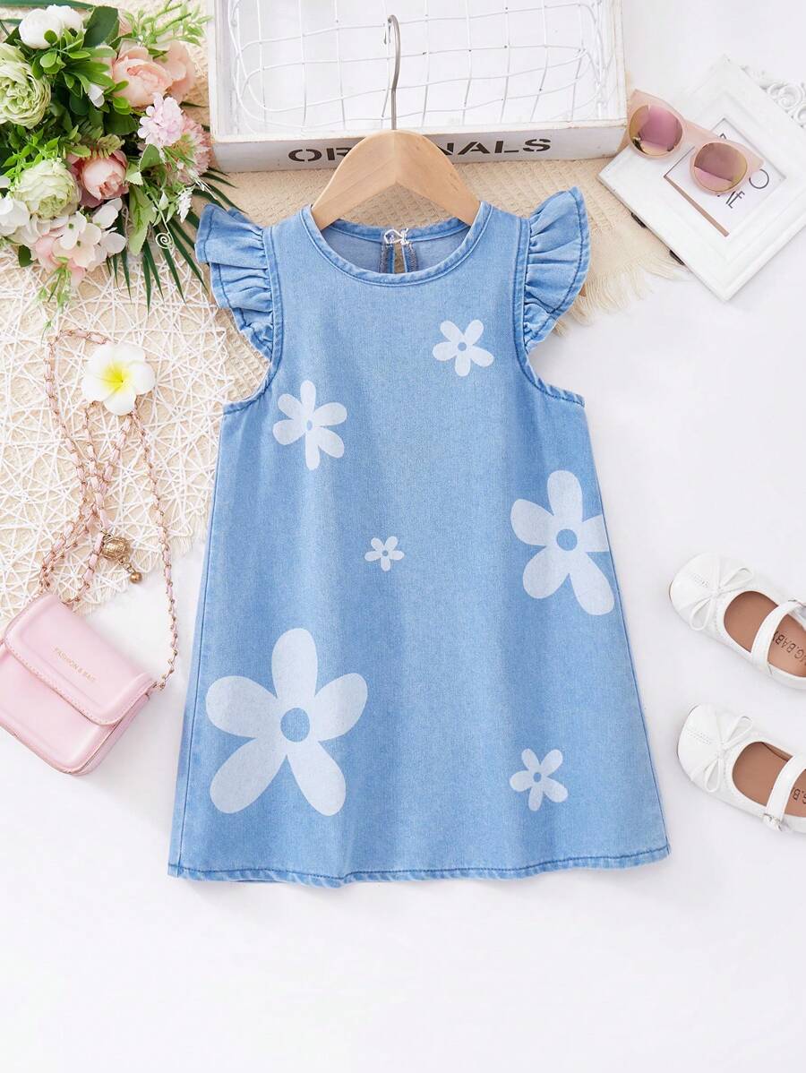 SHEIN Young Girl'Elegant Sky Blue Autumn Y2K White Flower Printed Blue Denim Cap Sleeve Dress,Kid Girls Casual Vacation Boho Beach Western Street Wear - Light Wash - View 1