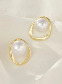 Faux Pearl Decor Geometric Design Stud Earrings Winter Gifts - Yellow Gold - View 2