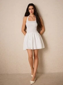 Poéselle Women's Solid Color White Halter Neck Elegant Short Dress,Backless Dress,White Dress
