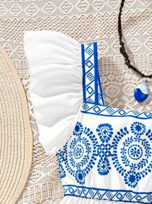 Blusa casual de vacaciones con estampado azul y ribete de volantes para niña preadolescente