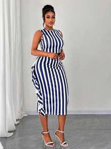Maweii 大码夏季优雅休闲无袖条纹印花背心和紧身裙 2 件套