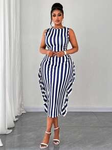 Maweii 大码夏季优雅休闲无袖条纹印花背心和紧身裙 2 件套