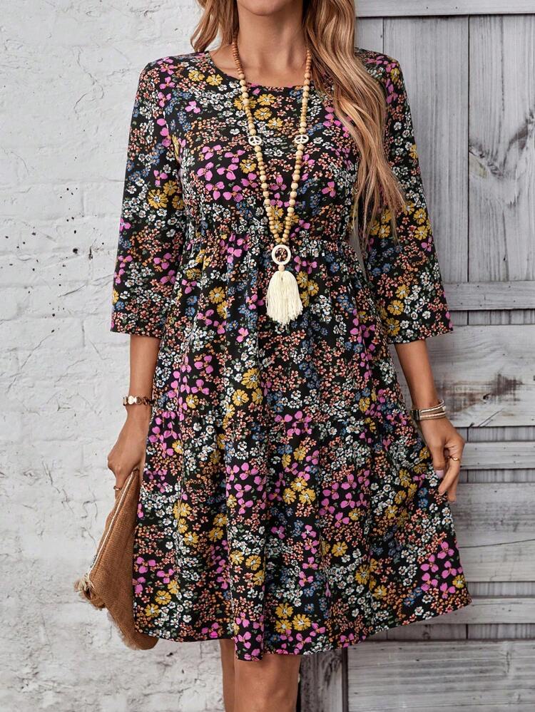 女性用カジュアル ウエストシャーリング ラウンドネック 七分袖 Aラインミニドレス、春夏向け