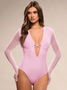 SHEIN BAE 春夏装女士纯色深 V 领网眼拼接长袖性感紧身衣 - 淺粉色 - 查看 5