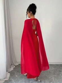 SHEIN Unity Summer Women's Holiday Party Outfits Long Women's Valentine's Day Halter Neck Red Chiffon Splicing Cape Dress - Red - View 2