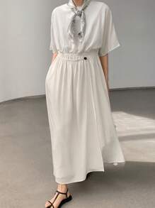 Dazy-Less Lässiges, geschäftsmäßiges, locker designtes asymmetrisches Knopf-Taille Midi-Kleid für Frauen, Outfit für Lehrerinnen