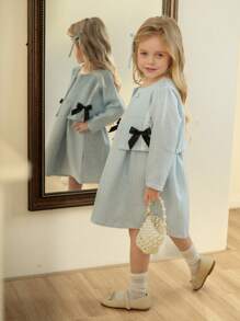 SHEIN Young Girl Front Button Long Sleeve Bow Decor Simple Jacket And Dress Set - Blue - View 1