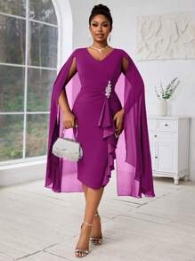 Fleurora 大码女式优雅斗篷结构蓝色透视正式晚礼服秋季女装四季蓝色连衣裙 - 紫色 - 查看 6