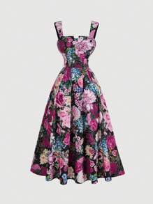 SHEIN MOD Vestido de mujer estilo vintage con estampado de palacio color magenta, conjunto para Año Nuevo, vestido largo informal