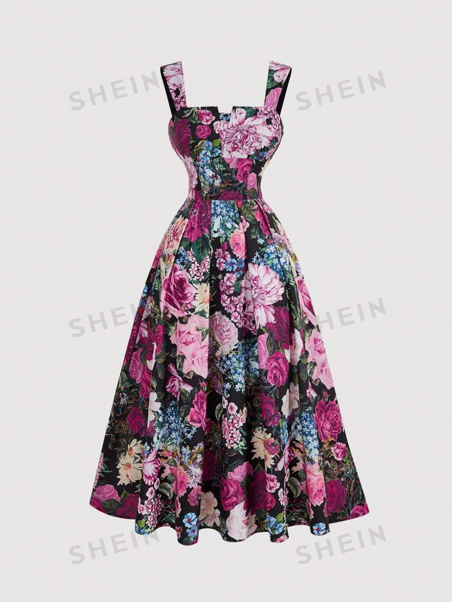 SHEIN MOD Vestido de mujer estilo vintage con estampado de palacio color magenta, conjunto para Año Nuevo, vestido largo informal