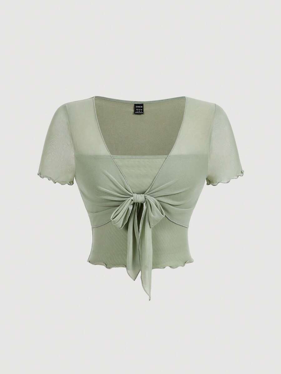 SHEIN MOD Lettuce Hem Tie Front Green Vintage T-Shirt - Green - View 1