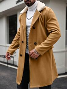 Manfinity Homme Plus Size Men's Contrast Color Fur Collar Double-Breasted Overcoat, Fall/Winter - Brown - View 3