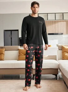 Men's Letter Print Long Sleeve Top And Lip Print Long Pants Pajama Set - Black - View 4
