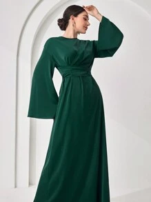 Veilorie Đầm thường ngày dài tay cổ tròn màu trơn cho nữ - màu xanh lá - Xem 1