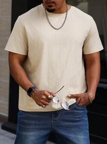 Manfinity Homme Plus Size Men's Casual Solid Color Textured Short Sleeve T-Shirt - Apricot - View 3