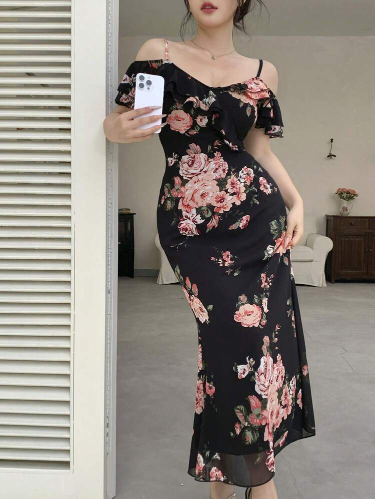 Ditsy Floral Holiday Beach Off Shoulder Slip Dress With Ruffle Hem Patchwork, Women Maxi Bodycon Dress Elegant Easter