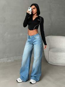 EURMUSE Slant Pocket Low Waist Vintage Wash Wide Leg Jean - Medium Wash - View 4