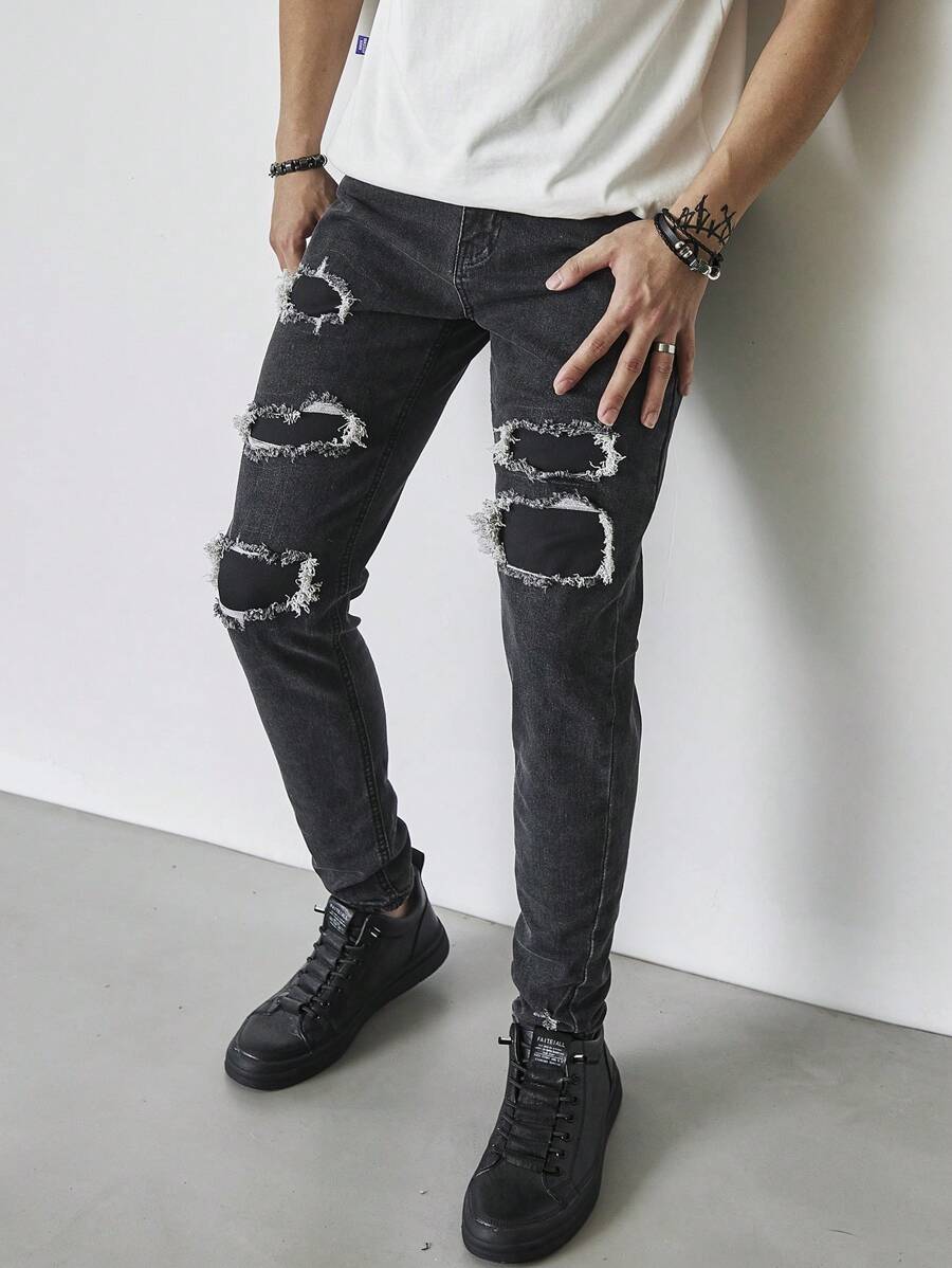 Manfinity Roghcode 男式口袋破洞修身休闲牛仔裤