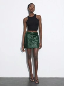 Maija Women's Green PU Leather Versatile Short Skirt With Rivet Decor, Modern Urban Party Wear, Waist-Cinched Style