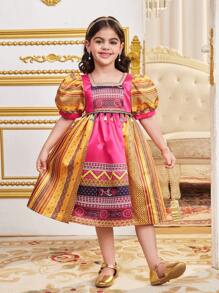 SHEIN Young Girl Woven Ditsy Floral Square Neck Puff Sleeve Fitted Dress - Hot Pink - View 6