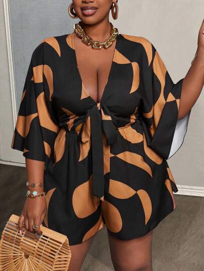 Slaydiva 大码女式假日休闲 V 领宽松印花连体裤（配系带腰带）