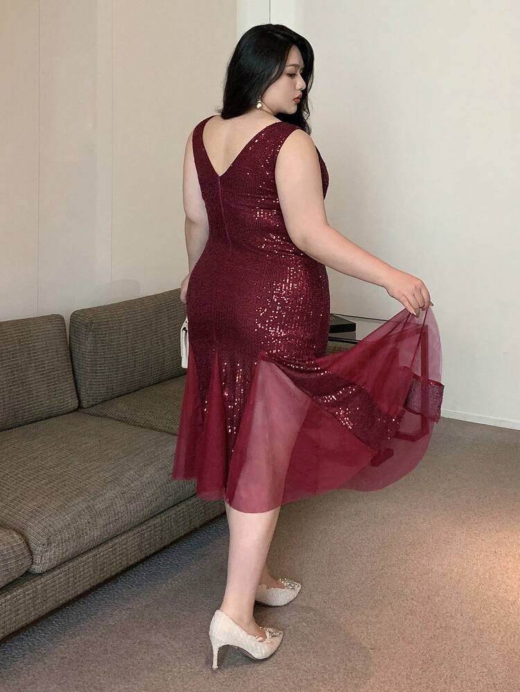 Dazy Plus Plus Size V-Neck Elastic Patchwork Net Yarn Cocktail Party Burgundy Dress, Spring/Summer Prom Dress Sundress Wedding Women Dresses Elegant Women Dresses Carnival Maxi Dress