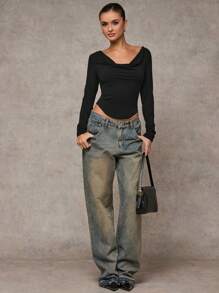 SHEIN BAE Women's Fashionable Sexy Solid Color Plunge Neck Backless T-Shirt