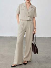Dazy-Less 女士纯色商务休闲短袖西装外套和长裤套装 Old Money - 杏色 - 查看 6