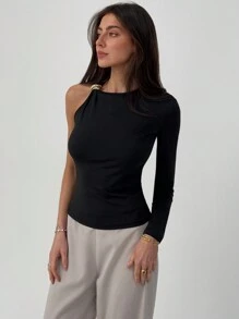 Aloruh Women's Solid Color Shoulder Slim Fit Stylish Blouse - Black - View 3