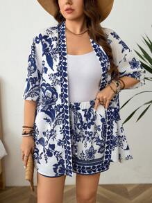 SHEIN LUNE 2 Stücke/Set Damen Große Größen Blau und Weiß Porzellan Muster Zwei-Teiler Set Blume Muster Schulterfreie Bluse und Shorts, Urlaubsoutfit Boho Kimono & Shorts Zwei-Teiler Set im Boho-Stil 2 Teiliges Set Damen Urlaubsoutfits Frauen 90er Jahre Kleidung Sommeroutfits, Urlaubslook Zwei-Teiler Set Damen Urlaubsoutfits Modische Damen Alltagskleidung