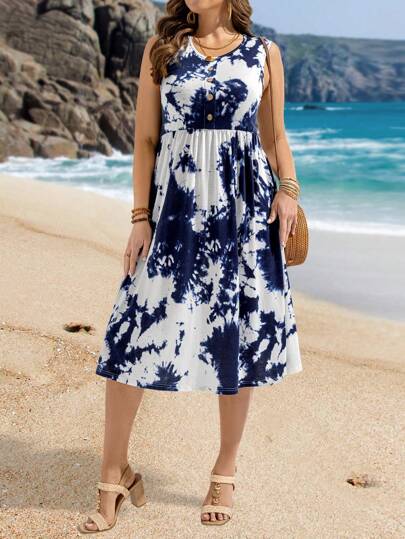 EMERY ROSE 大码 V 领无袖扎染休闲连衣裙，简约时尚，适合日常穿着，女士夏季服装/夏季/夏季服装，波西米亚风女装